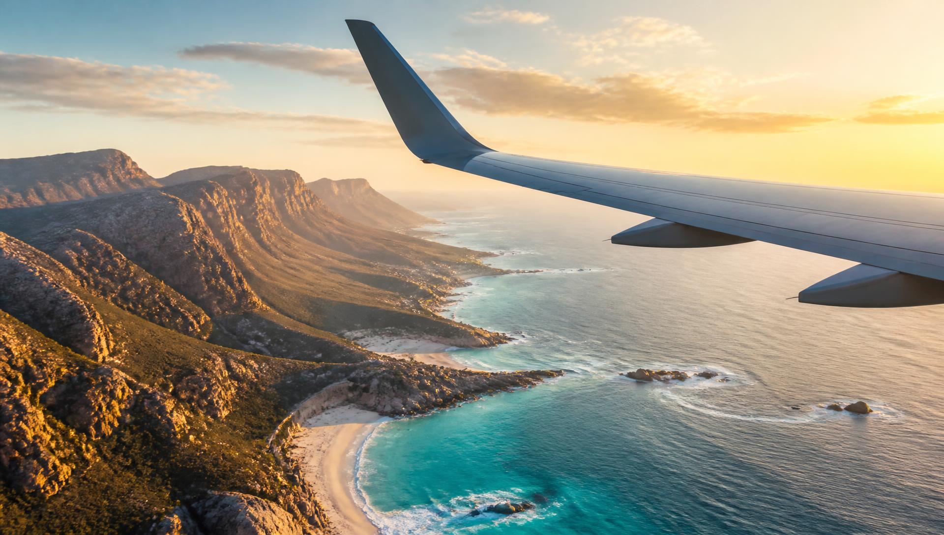 View of a coastline at sunset from an aircraft window seat